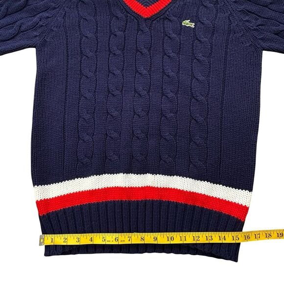 Vintage IZOD LACOSTE Cable Knit V-neck Sweater Blue with Red & White Size XL - Picture 7 of 13